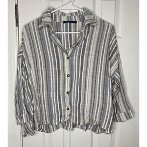 Shore Women's Oversize Long Sleeve Button Front Striped‎ Shirt Grey Size Small